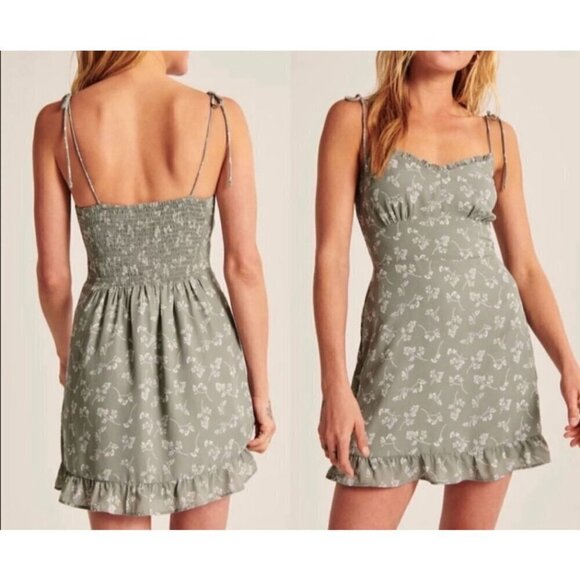 Abercrombie & Fitch Sage Green Floral Shoulder Tie Mini Dress Pockets Size Med - Picture 2 of 8